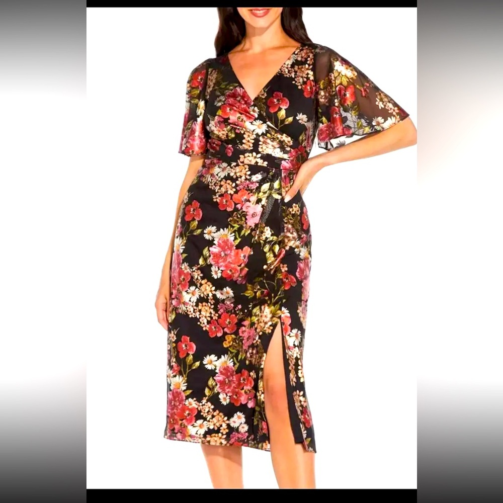 Adrianna Papel Floral Foiled print Mesh Draped midi Dress